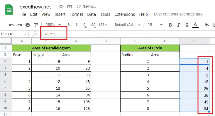 calculate the area in google sheets1