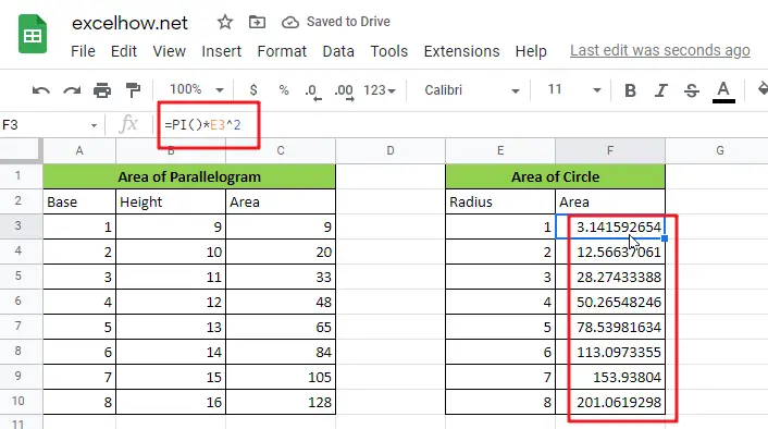 calculate the area in google sheets1