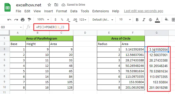 calculate the area in google sheets1