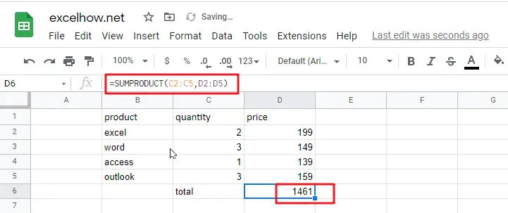 google sheets SUMPRODUCT function1