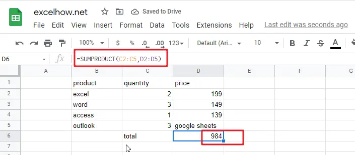 google sheets SUMPRODUCT function1