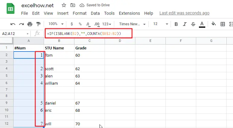 Add Row Numbers And Skip Blanks in google sheets1