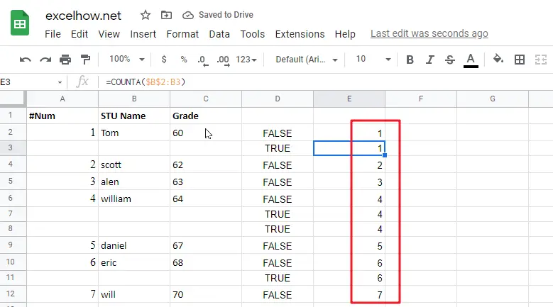 Add Row Numbers And Skip Blanks in google sheets1