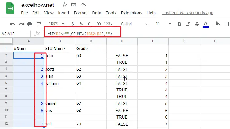 Add Row Numbers And Skip Blanks in google sheets1