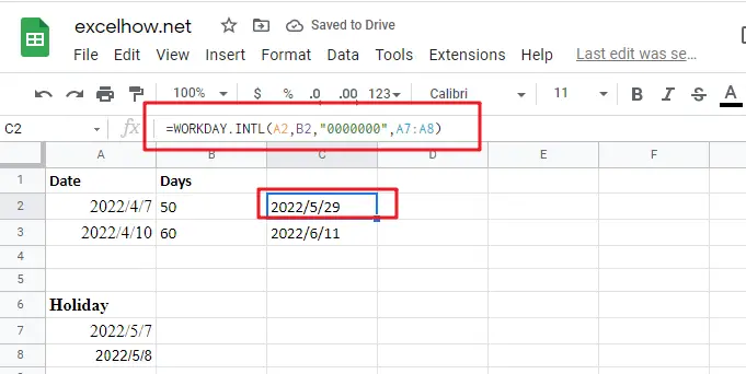 Add workdays no weekends in google sheets1