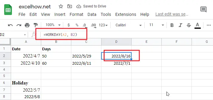 Add workdays no weekends in google sheets1