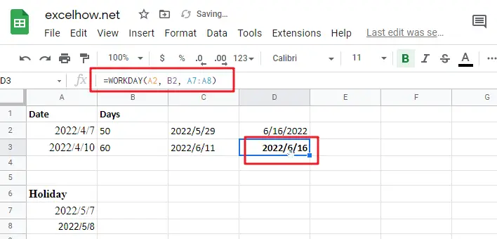 Add workdays no weekends in google sheets1