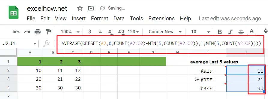 Average last N values in columns in google sheets1