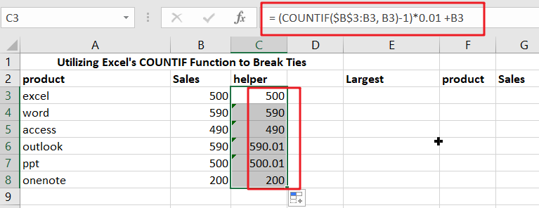 3 Break ties with helper column and COUNTIF1