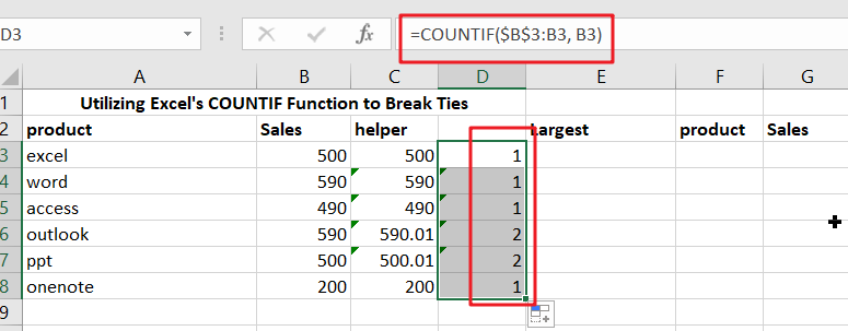 3 Break ties with helper column and COUNTIF1