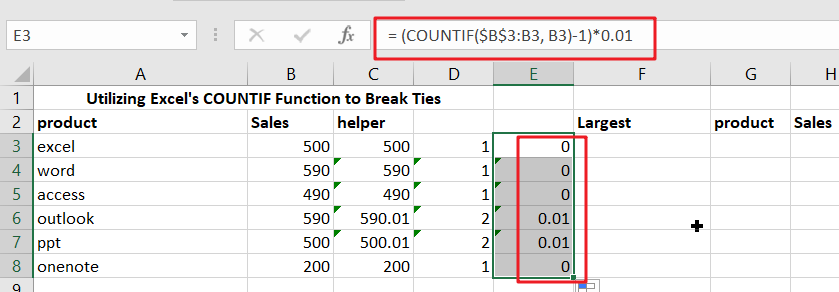 3 Break ties with helper column and COUNTIF1