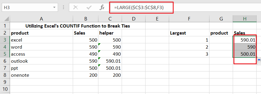 3 Break ties with helper column and COUNTIF1