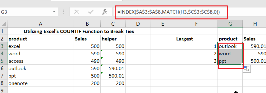 3 Break ties with helper column and COUNTIF1