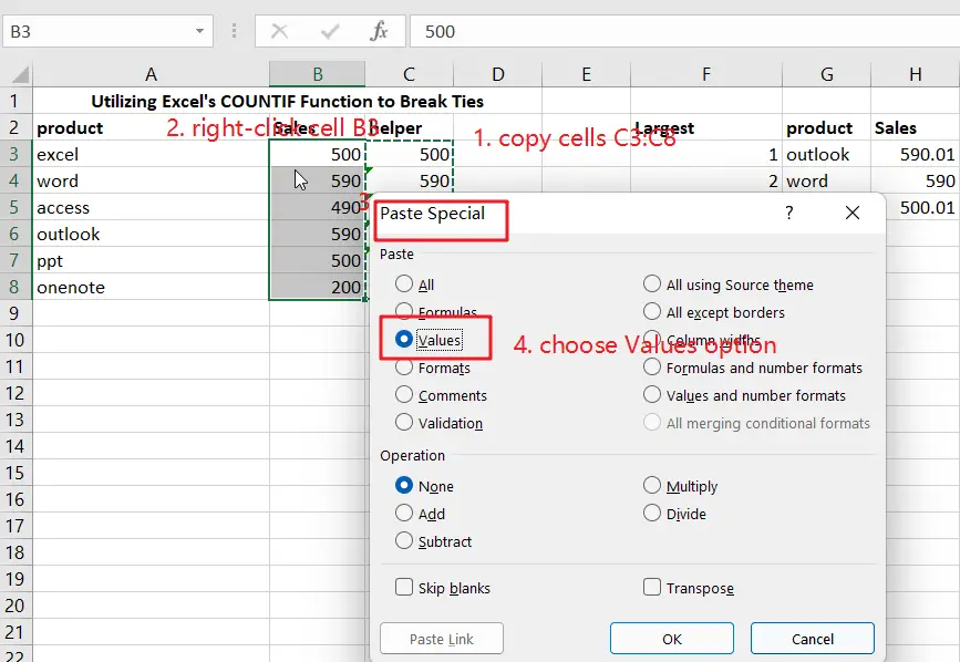 3 Break ties with helper column and COUNTIF1