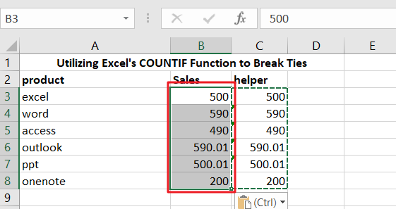 3 Break ties with helper column and COUNTIF1