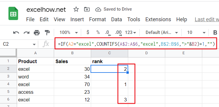 Rank Based on Specific Value in google sheets1