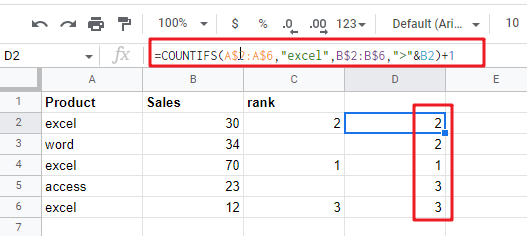 Rank Based on Specific Value in google sheets1