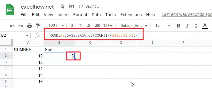 Rank Numbers without Repetitive Ranks in google sheets1
