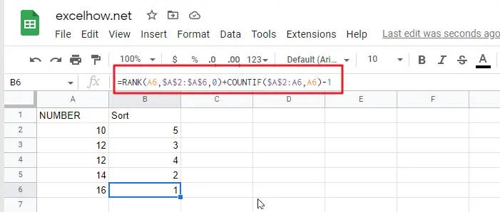 Rank Numbers without Repetitive Ranks in google sheets1