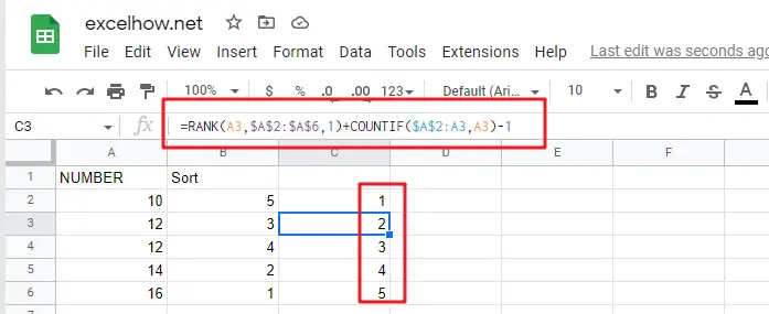 Rank Numbers without Repetitive Ranks in google sheets1