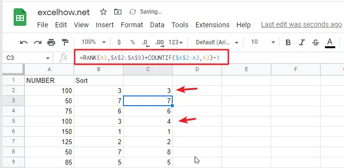 Rank Numeric Values with Duplicate in Google Sheets1