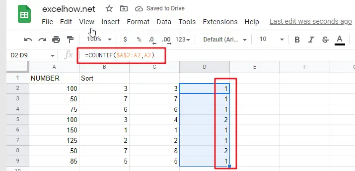 Rank Numeric Values with Duplicate in Google Sheets1