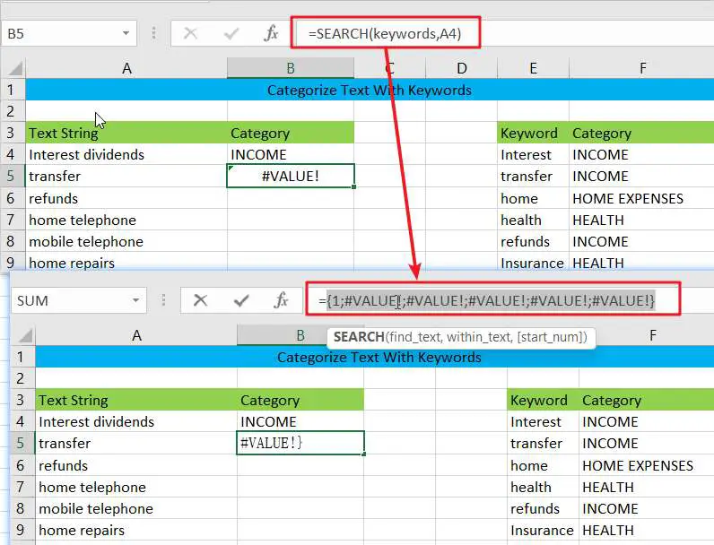 Categorize text with keywords in excel3