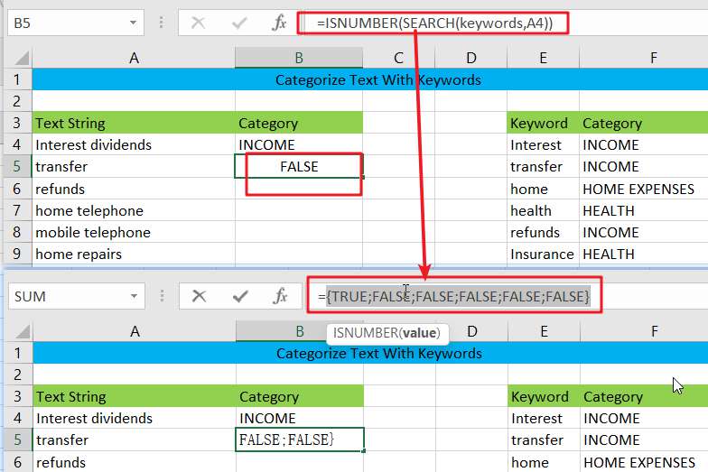 Categorize text with keywords in excel3