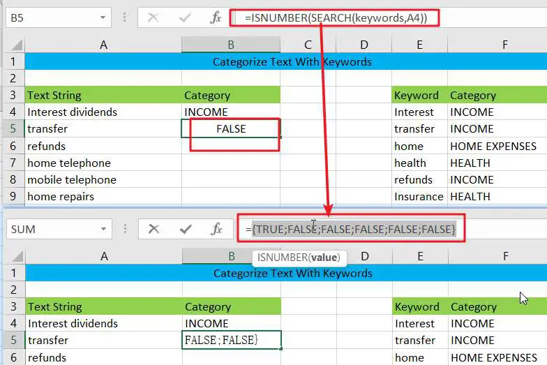 Categorize text with keywords in excel3