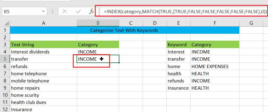 Categorize text with keywords in excel3