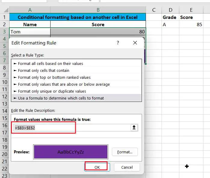 Conditional formatting based on another cell in Google Sheets Excel1