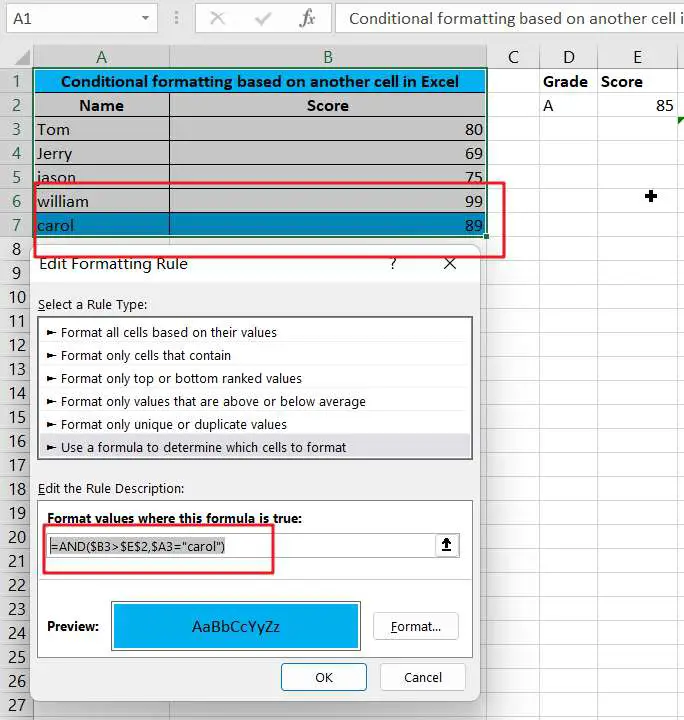 Conditional formatting based on another cell in Google Sheets Excel1