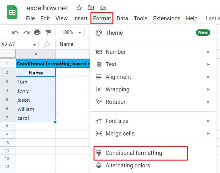 Conditional formatting based on another cell in Google Sheets Excel1