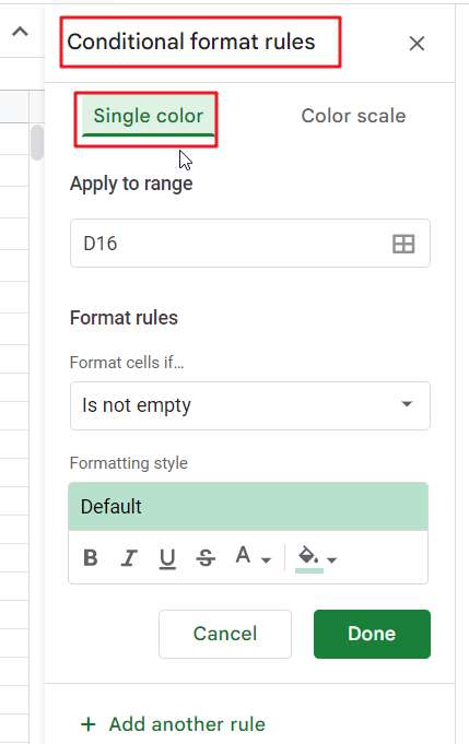 Conditional formatting based on another cell in Google Sheets Excel1