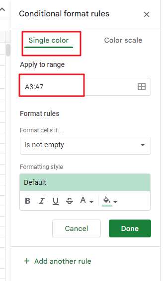 Highlight Cells Based on Another Column in Google Sheets