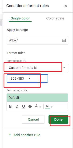 Highlight Cells Based on Another Column in Google Sheets