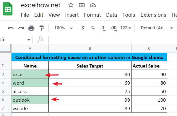 Highlight Cells Based on Another Column in Google Sheets