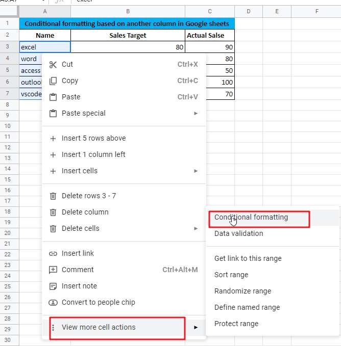 Highlight Cells Based on Another Column in Google Sheets