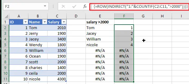 Excel Array Construction