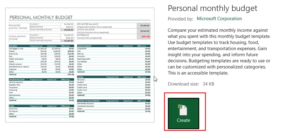 Personal monthly budget