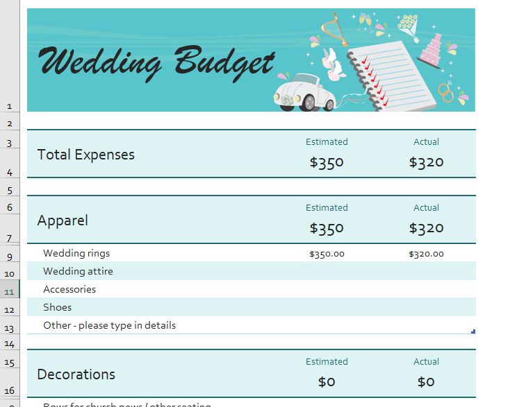 Wedding budget expenses comparision