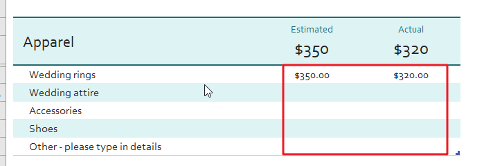 Wedding budget expenses comparision