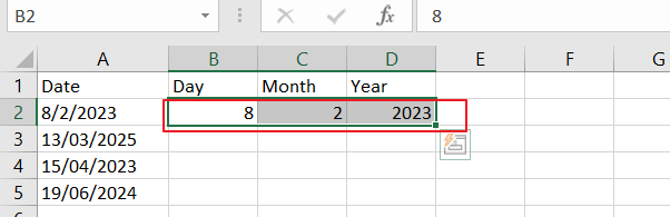 How to Split Date into Day, Month and Year flash fill 1.png