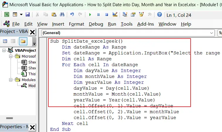 How to Split Date into Day, Month and Year vba code1.png
