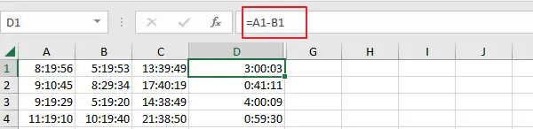 subtract two times in excel