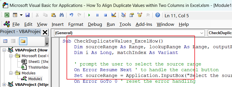 How To Align Duplicate Values within Two Columns in Excel vba1.png