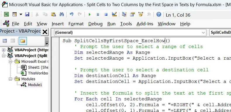 Split Cells to Two Columns by the First Space in Texts vba 1.png